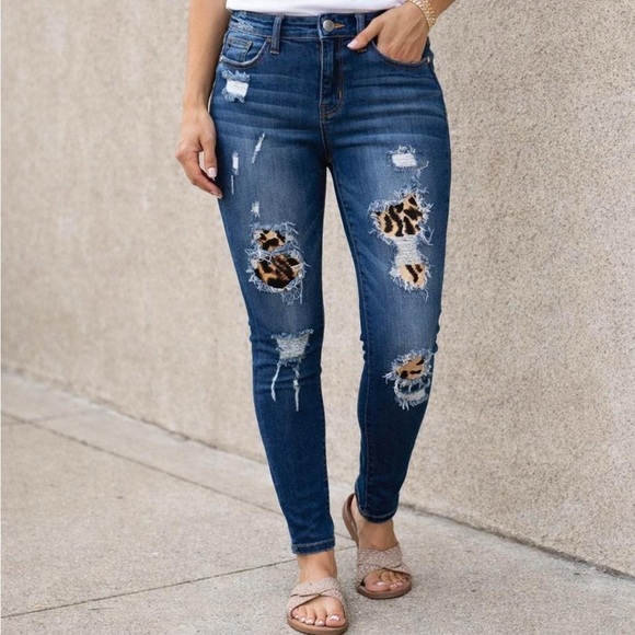 Judy Blue Denim - Judy Blue 13 Leopard Patch Distressed Skinny Jeans